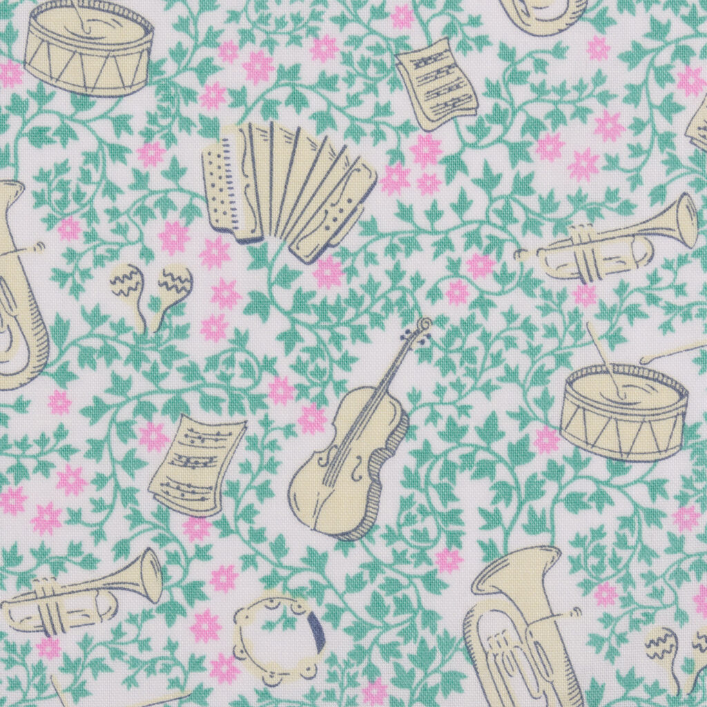 Tissu Liberty Of London- Coton Patchwork -Musical Meadow- Instruments fond blanc